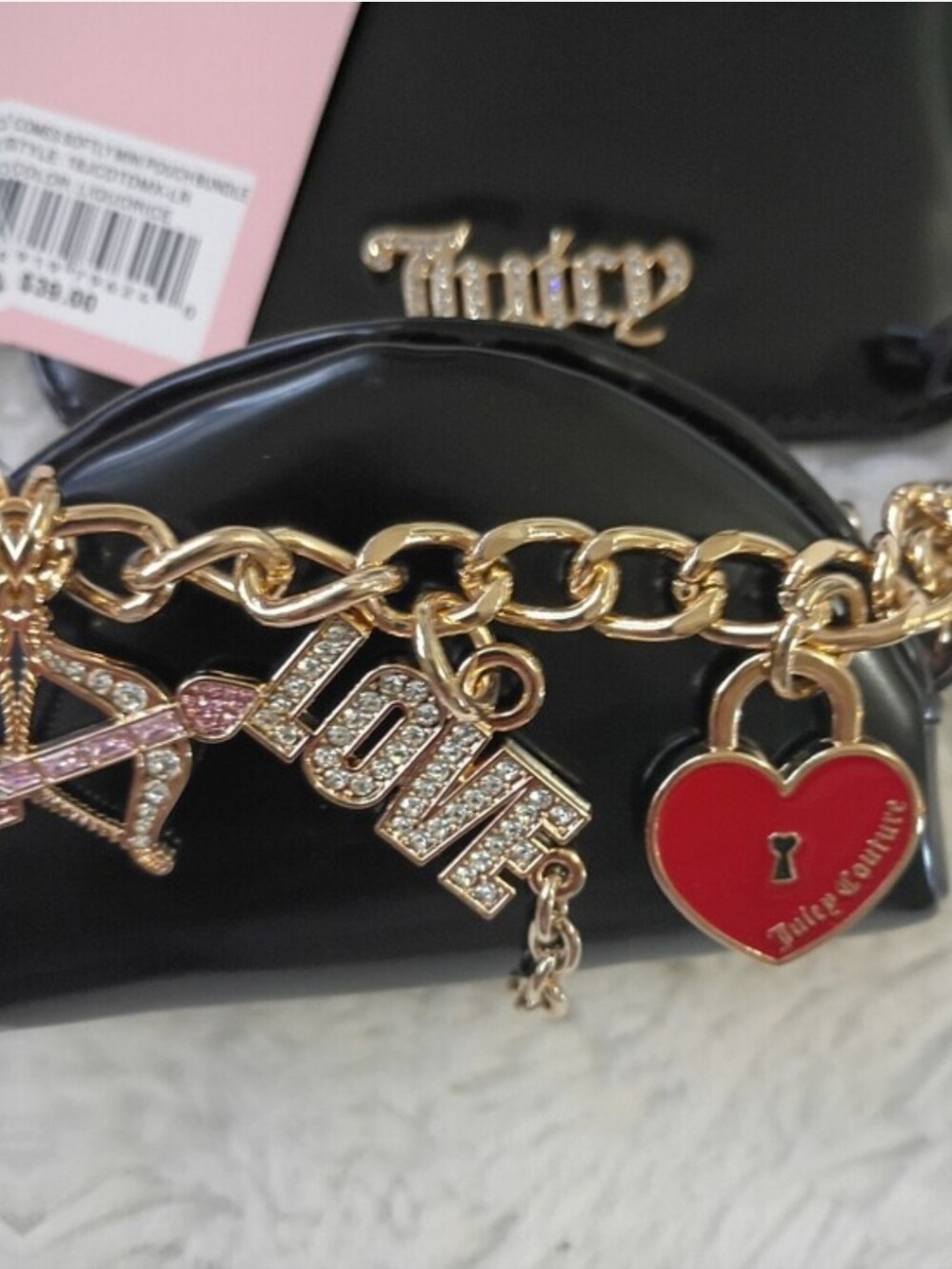 Juicy Couture Black Patent Mini Bag with Gold Chain and Red Heart Charm NWT - Picture 3 of 9